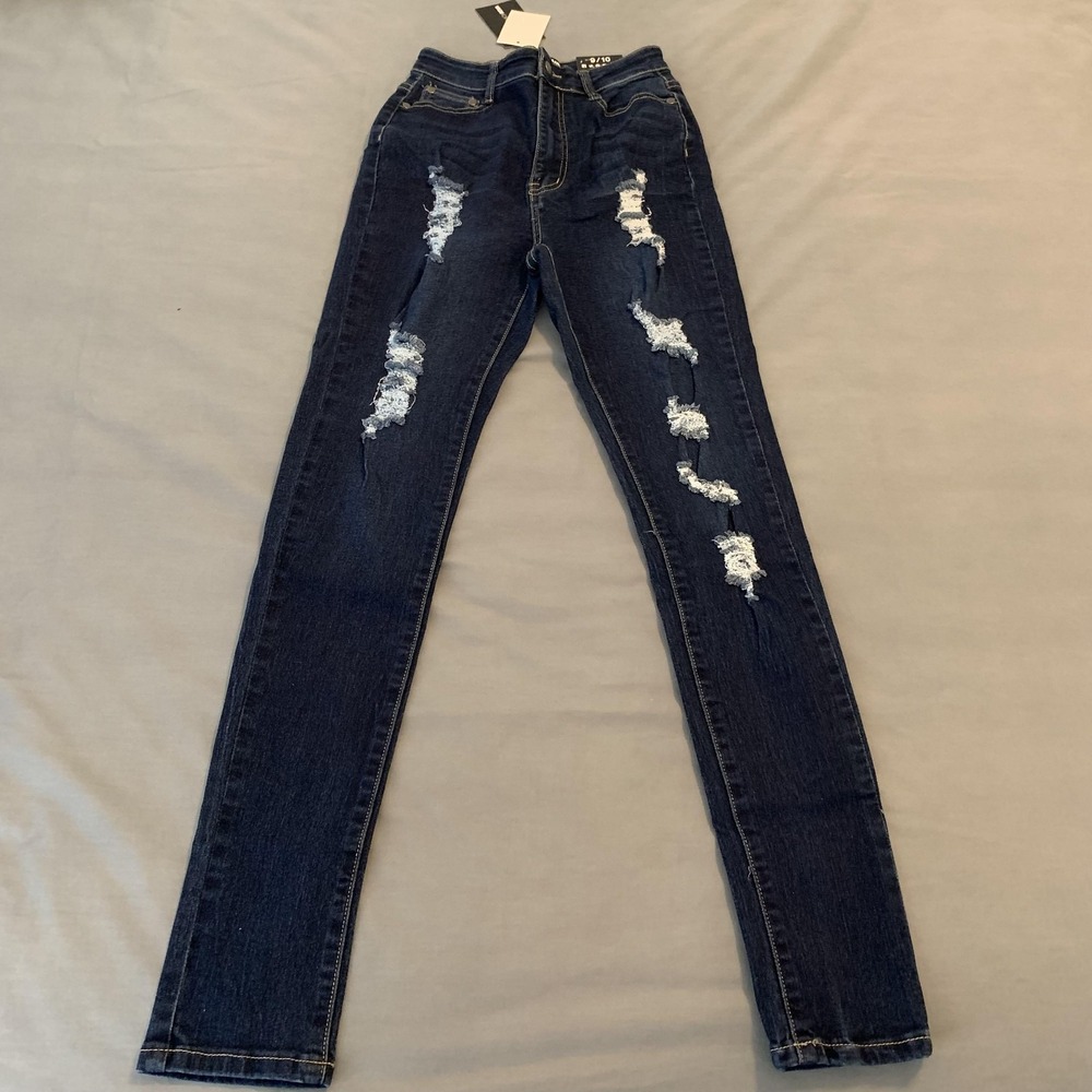 Fashion Nova Jeans Juniors 9/10 Blue Dark Wash High Rise Distressed Skinny NWT